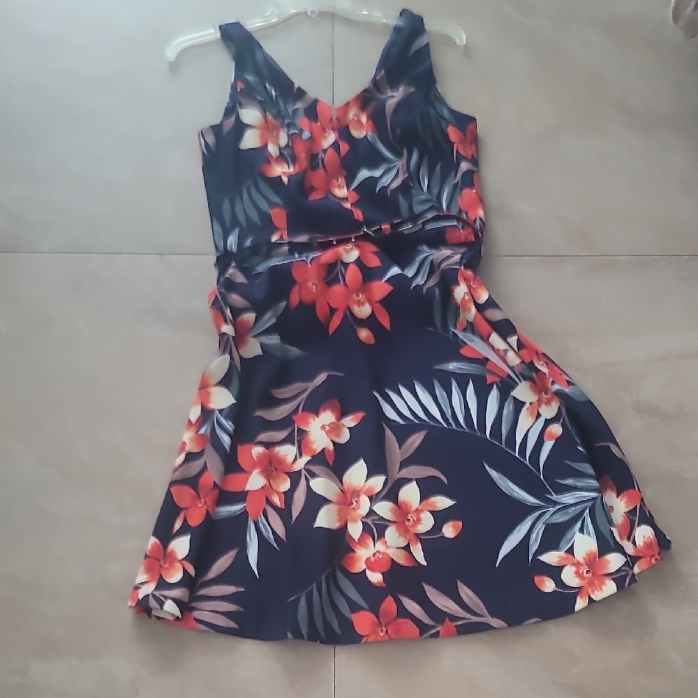 Floral  Dress - Navy and Red